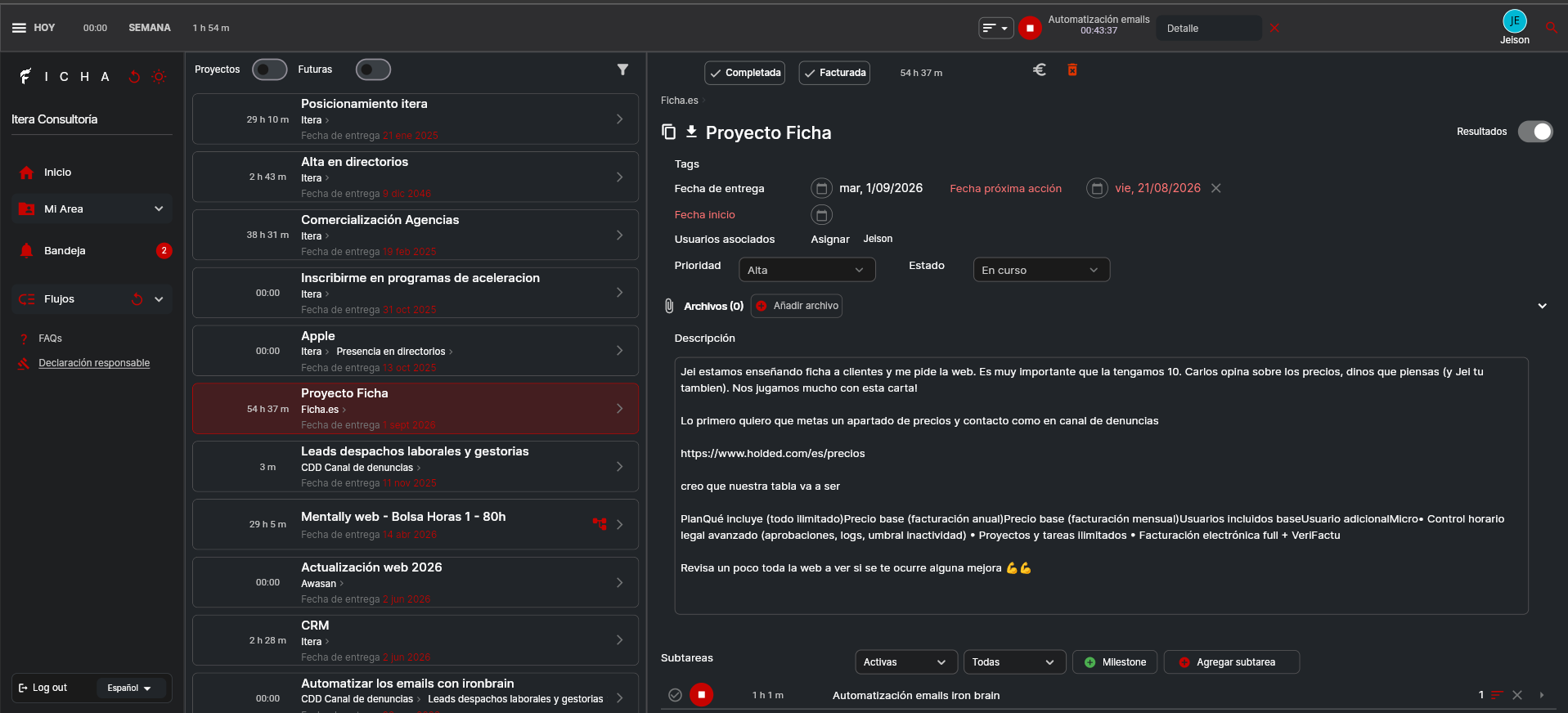 Software Ficha: panel de gestión de proyectos con lista de tareas, temporizador y detalle de proyecto